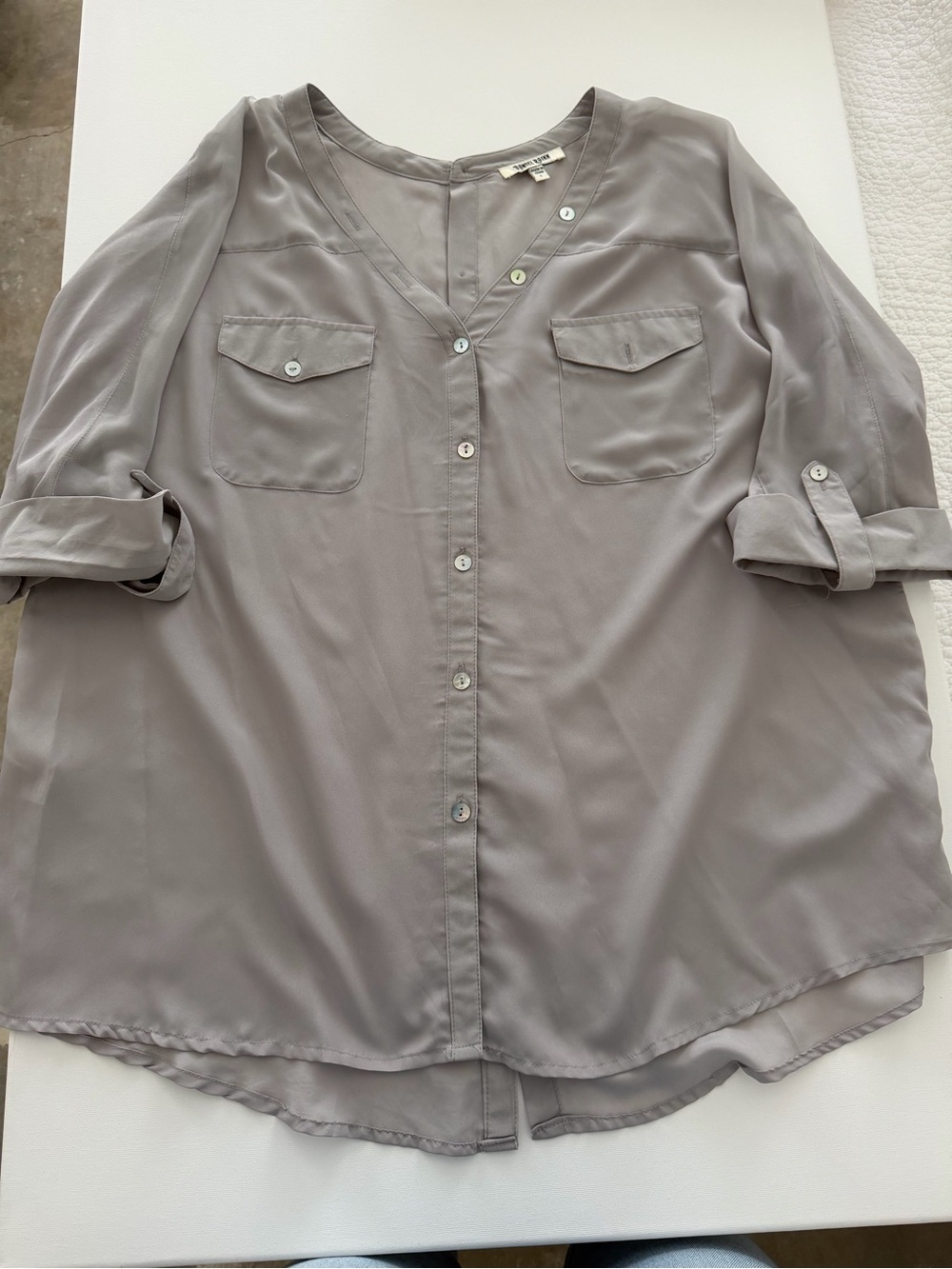 Daniel Rainn Light Gray Button-Front V-Neck Blouse
